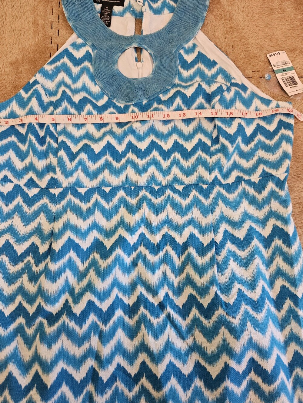 INC Blue Chevron Keyhole Neck Sleeveless Dress Sz 16 - Picture 5 of 10